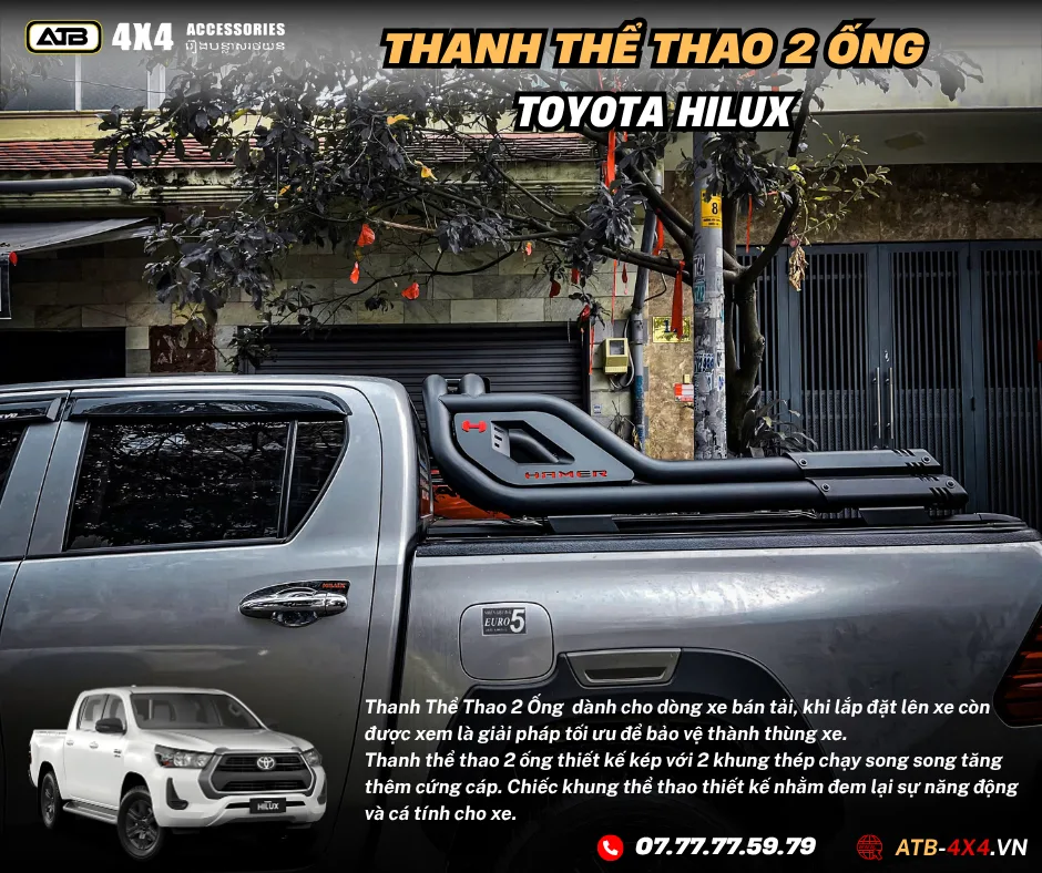 Thanh Thể Thao Đôi 2 Ống TOYOTA HILUX 2015-2025 Đậm Chất Bán Tải, Tăng Độ Hầm Hố