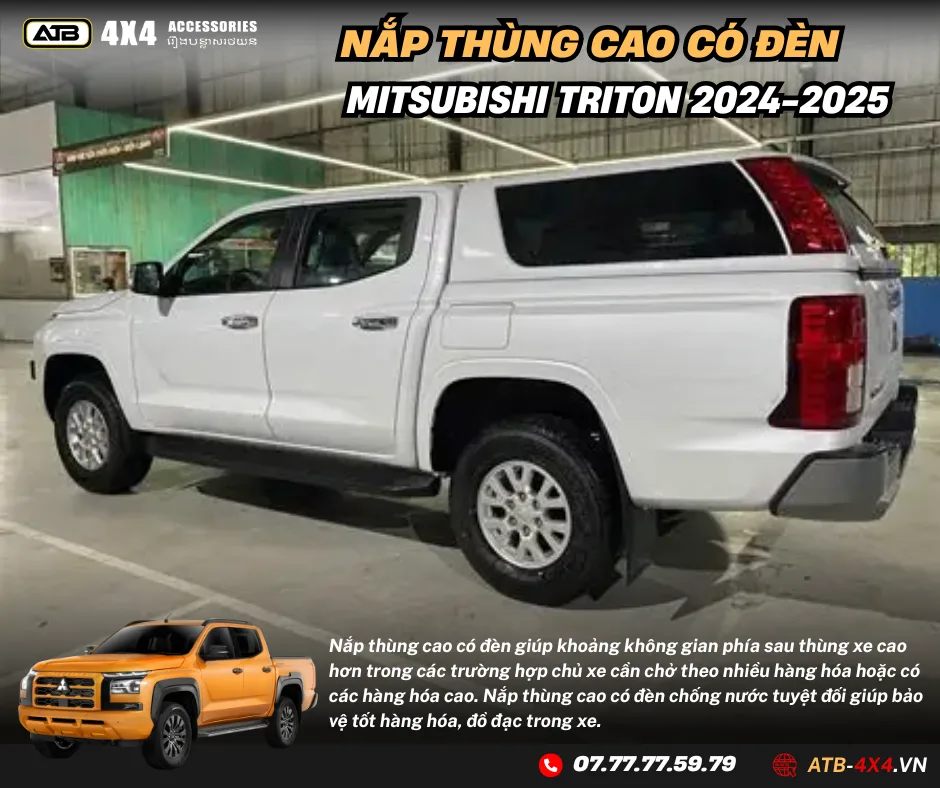Nắp Thùng Cao Cho Xe Bán Tải Mitsubisi Triton 2024-2024 Tích Hợp Đèn Phanh, Chống Nước, Bảo Vệ Hàng Hóa An Toàn