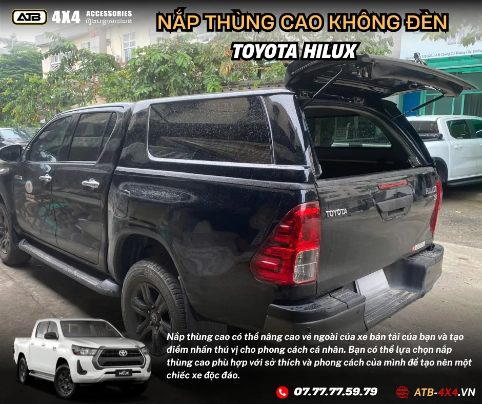 Nắp Thùng Cao Không Đèn Cho Xe Bán Tải Toyota Hilux 2015-2025 – Chống Thấm Nước Hiệu Quả, Bảo Vệ Hàng Hóa An Toàn, Tăng Tính Tiện Dụng Và Thẩm Mỹ Cho Xe.